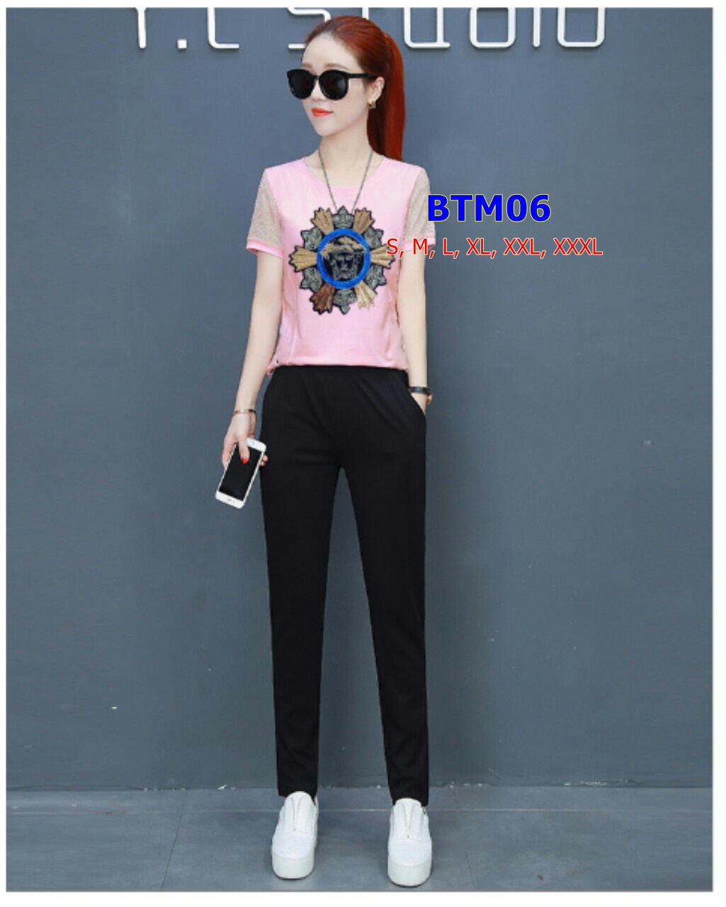 Bộ thun dài thêu vương miện tay phối lưới BTM06